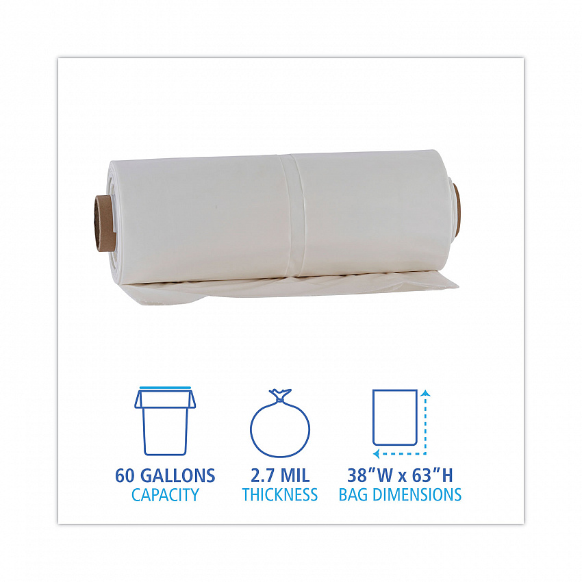 Industrial Can Liner Rolls, 60 gal, 2.7 mil, 21" x 17" x 63", Clear, 50/Carton (D38634CL)