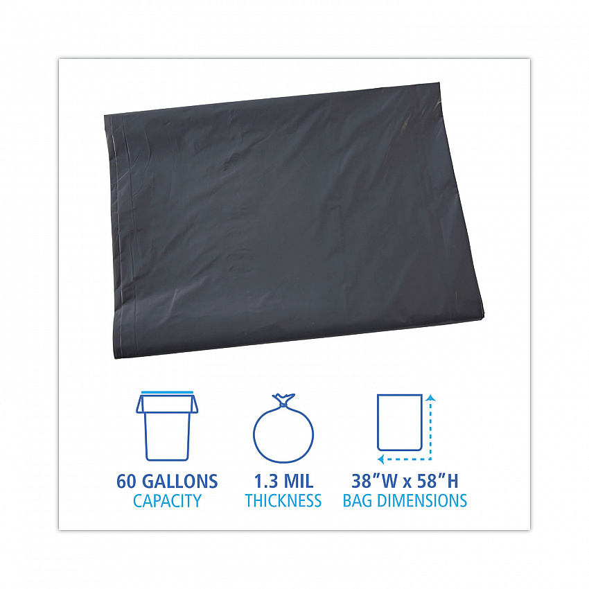 Linear Low Density Industrial Can Liners, 60 gal, 1.3 mil, 38" x 58", Gray, Flat Pack, 100/Carton (G3858G)