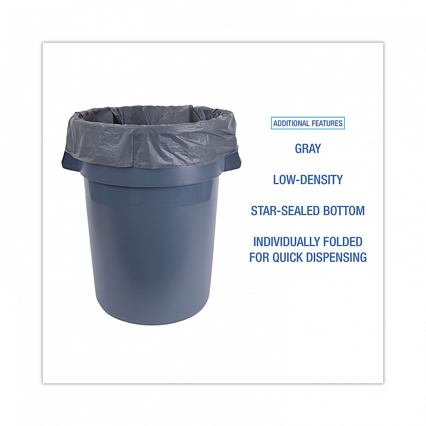 Linear Low Density Industrial Can Liners, 60 gal, 1.3 mil, 38" x 58", Gray, Flat Pack, 100/Carton (G3858G)