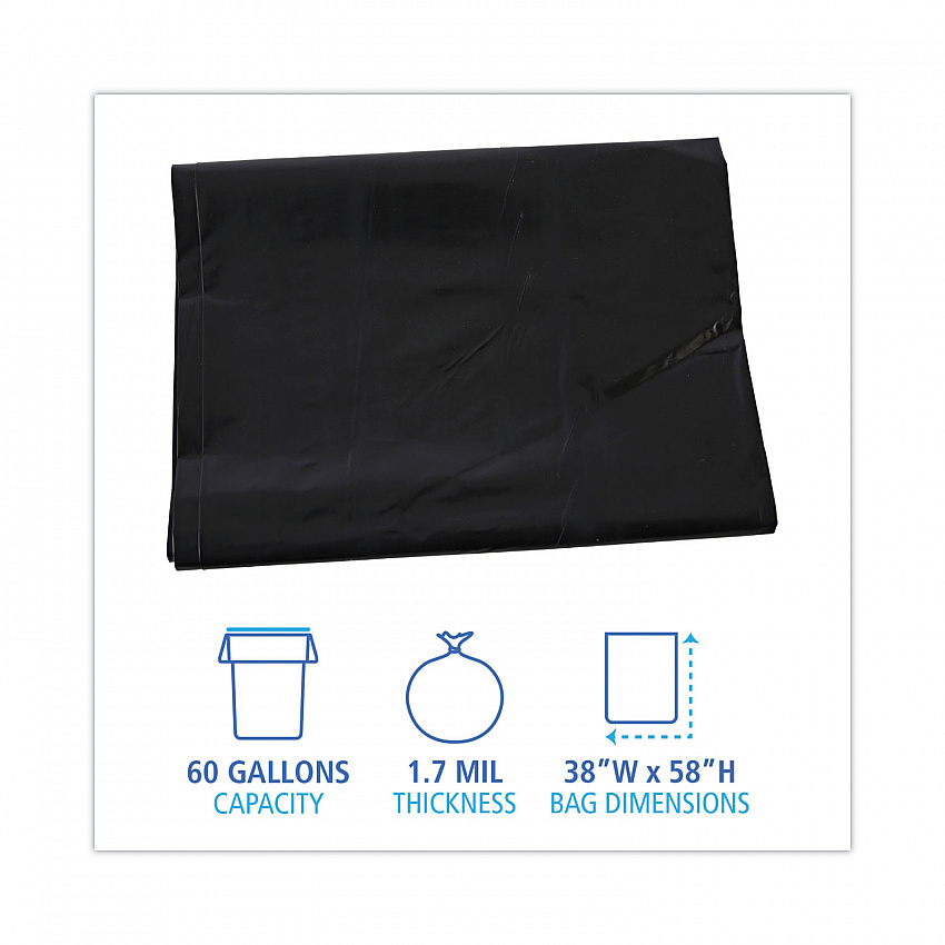 Linear Low Density Industrial Can Liners, 60 gal, 1.7 mil, 38" x 58", Black, Flat Pack, 100/Carton (G3858HBL)