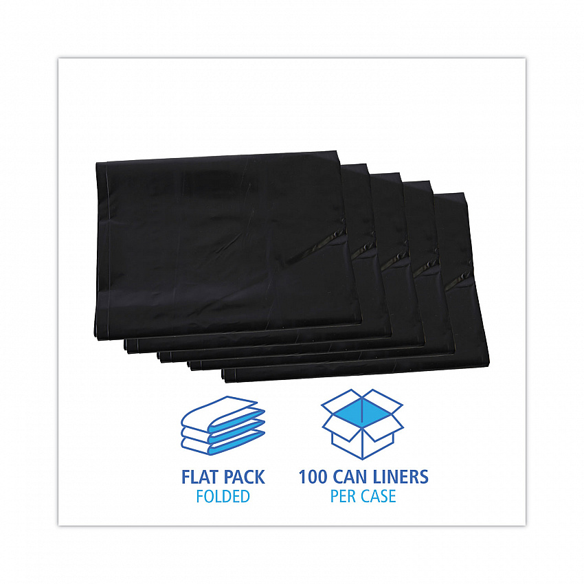 Linear Low Density Industrial Can Liners, 60 gal, 1.7 mil, 38" x 58", Black, Flat Pack, 100/Carton (G3858HBL)