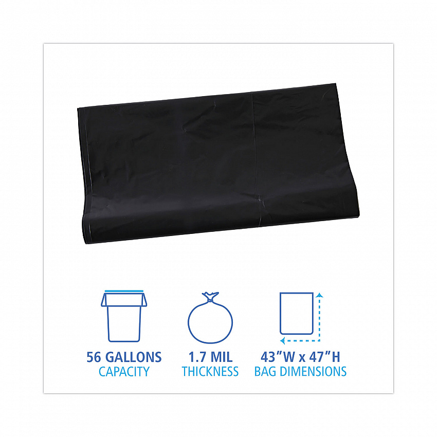 Linear Low Density Industrial Can Liners, 56 gal, 1.7 mil, 43" x 47", Black, Flat Pack, 100/Carton (G4347HBL)