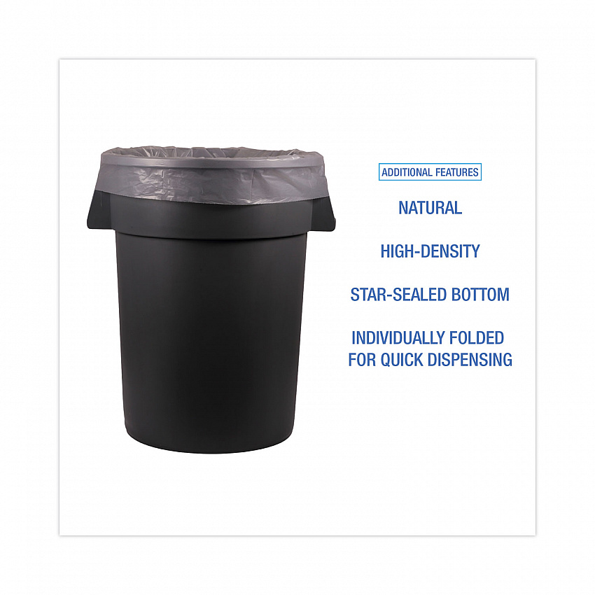 High Density Industrial Can Liners Flat Pack, 33 gal, 16 mic, 33" x 40", Natural, Flat Pack, 200/Carton (H3340S)