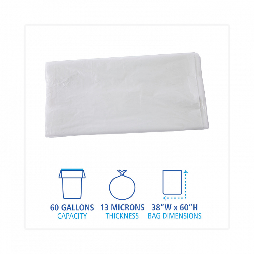 High Density Industrial Can Liners Flat Pack, 60 gal, 13 mic, 38" x 60", Natural, Flat Pack, 200/Carton (H3860H)