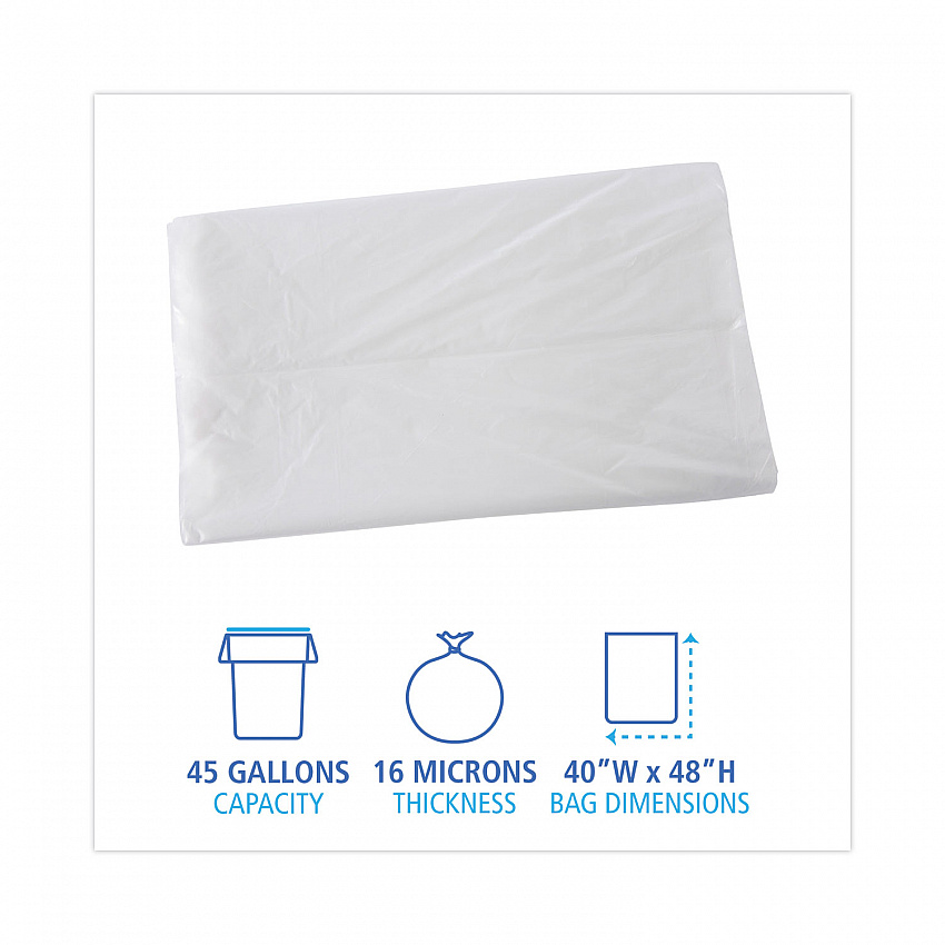 High Density Industrial Can Liners Flat Pack, 45 gal, 16 mic, 40" x 48", Natural, Flat Pack, 200/Carton (H4048S)