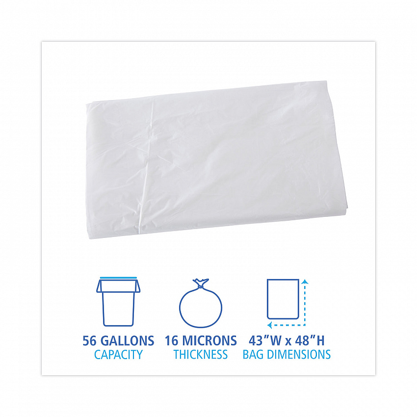 High Density Industrial Can Liners Flat Pack, 56 gal, 16 mic, 43" x 48", Natural, Flat Pack, 200/Carton (H4348S)