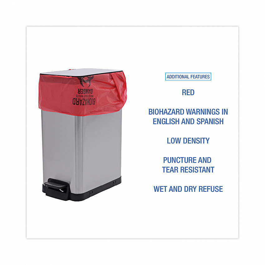 Linear Low Density Health Care Trash Can Liners, 16 gal, 1.3 mil, 24" x 32", Red, Flat Pack, 250/Carton (IW2432R)