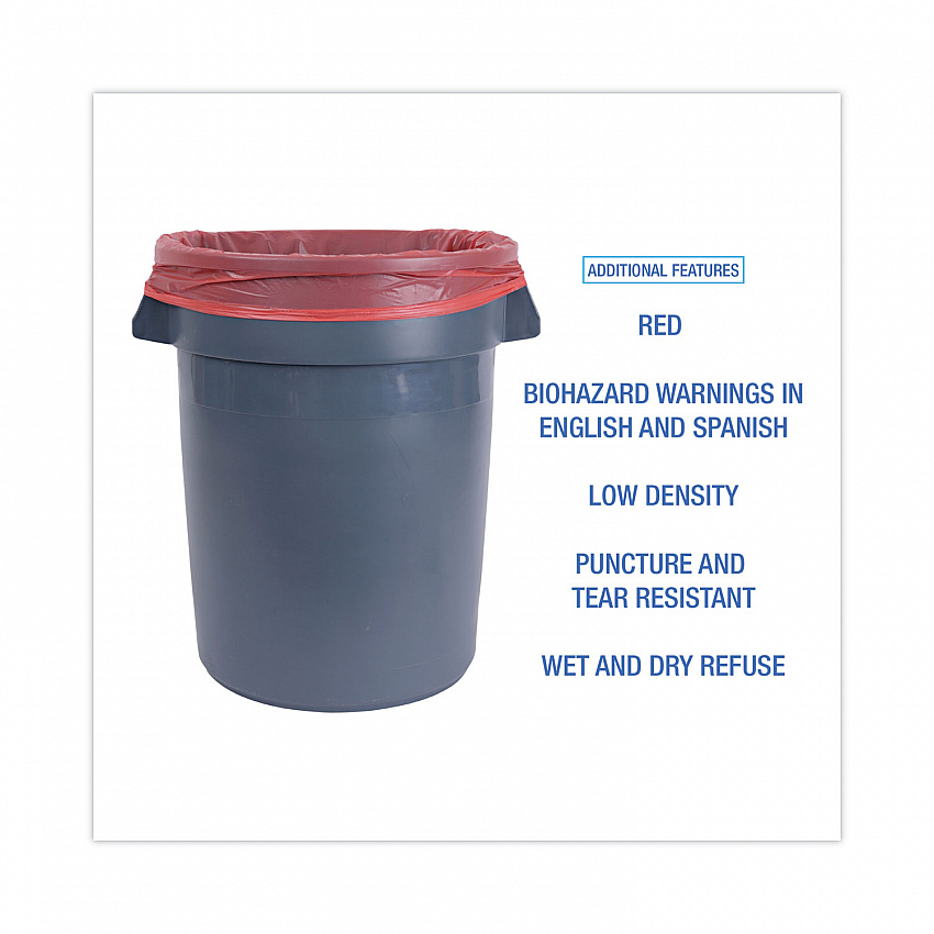 Linear Low Density Health Care Trash Can Liners, 33 gal, 1.3 mil, 33" x 39", Red, Flat Pack, 150/Carton (IW3339R)