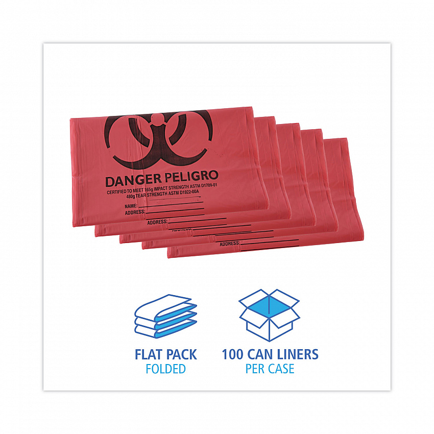 Linear Low Density Health Care Trash Can Liners, 45 gal, 1.3 mil, 40" x 46", Red, Flat Pack, 100/Carton (IW4046R)