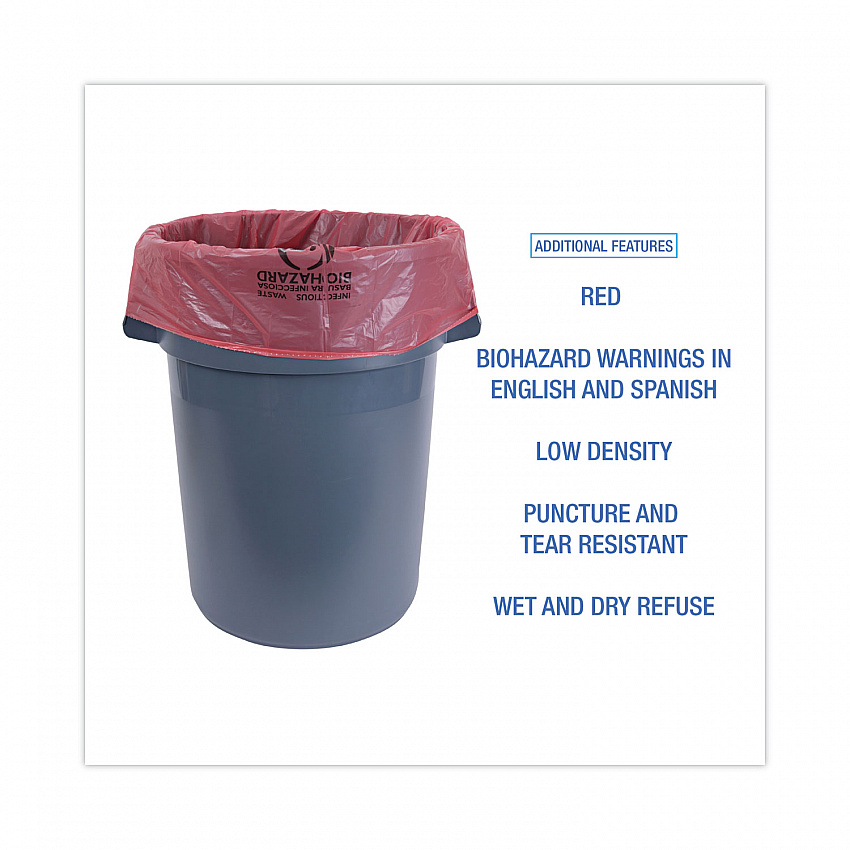 Linear Low Density Health Care Trash Can Liners, 45 gal, 1.3 mil, 40" x 46", Red, Flat Pack, 100/Carton (IW4046R)