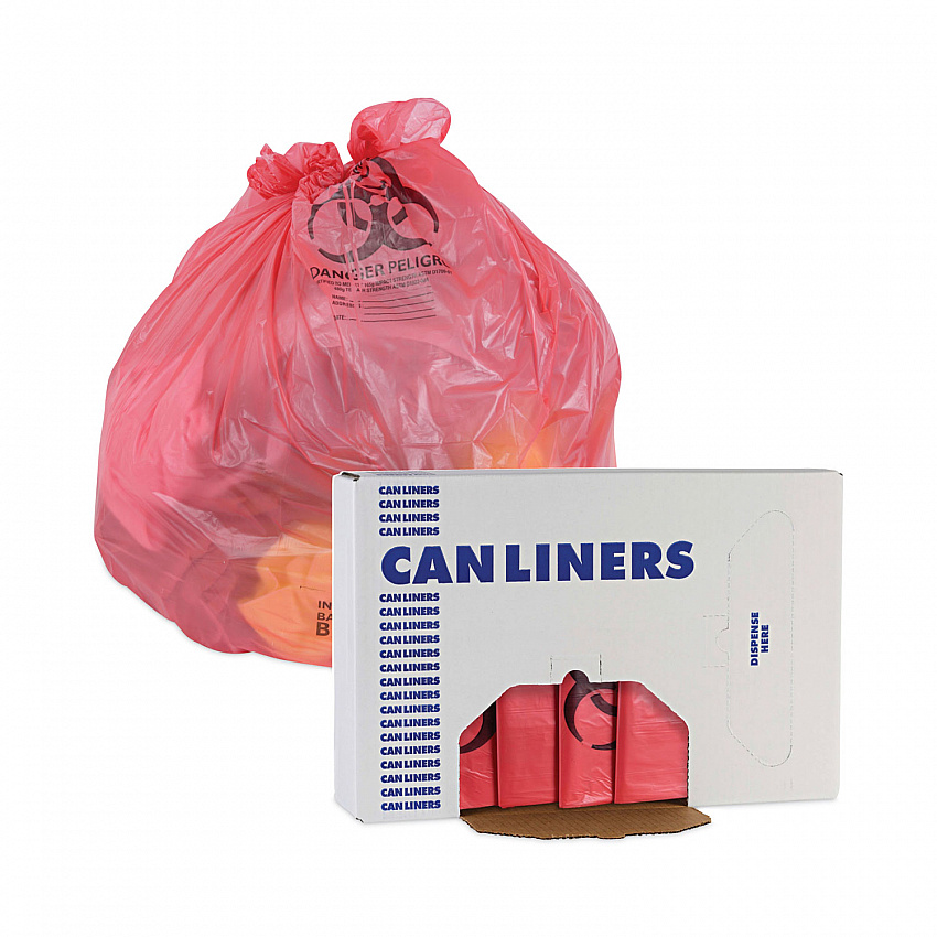 Linear Low Density Health Care Trash Can Liners, 45 gal, 1.3 mil, 40" x 46", Red, Flat Pack, 100/Carton (IW4046R)