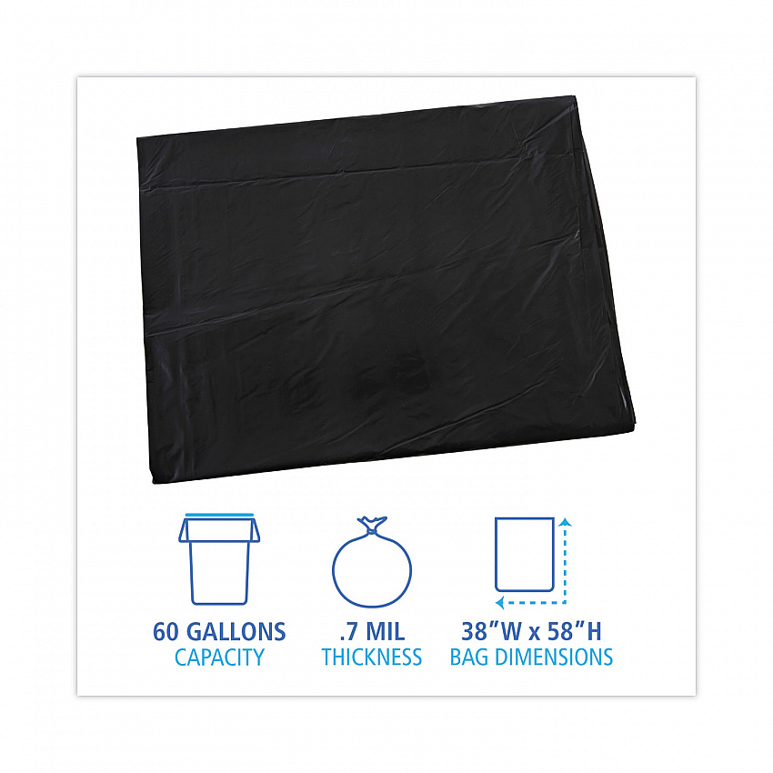 Linear Low Density Industrial Can Liners, 60 gal, 0.7 mil, 38" x 58", Black, Flat Pack, 100/Carton (L3858H)