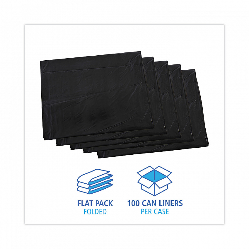 Linear Low Density Industrial Can Liners, 60 gal, 0.7 mil, 38" x 58", Black, Flat Pack, 100/Carton (L3858H)