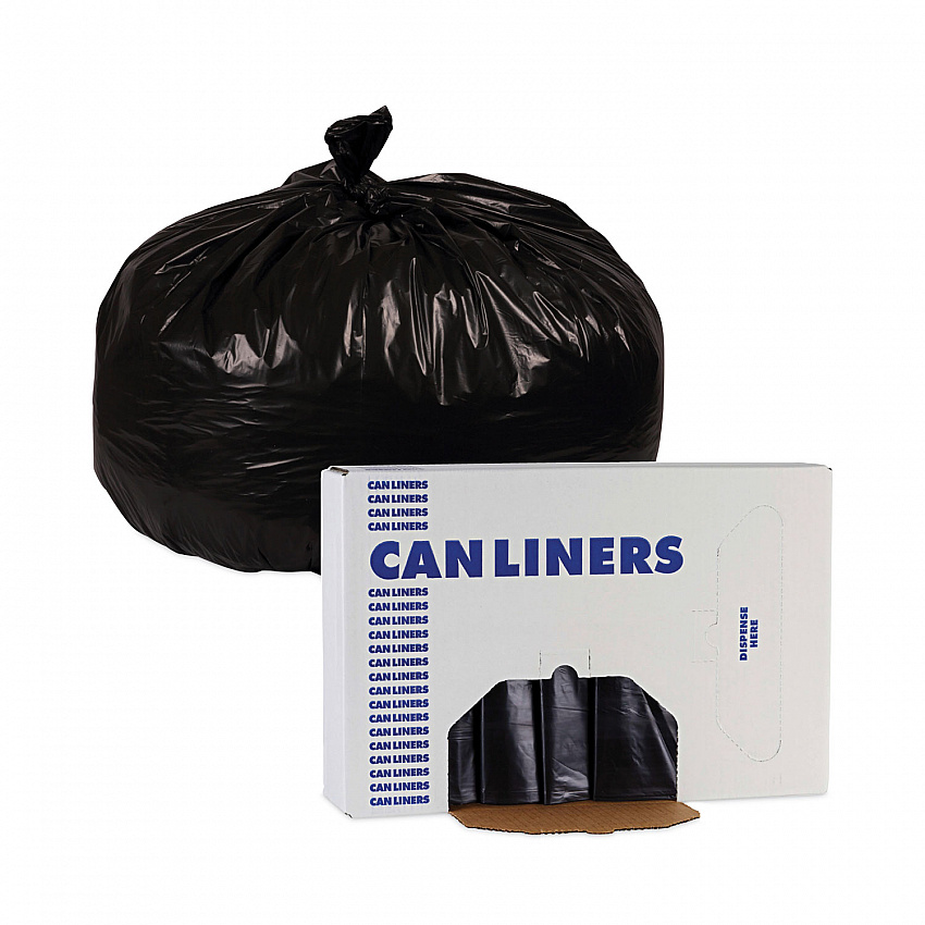 Linear Low Density Industrial Can Liners, 60 gal, 0.7 mil, 38" x 58", Black, Flat Pack, 100/Carton (L3858H)