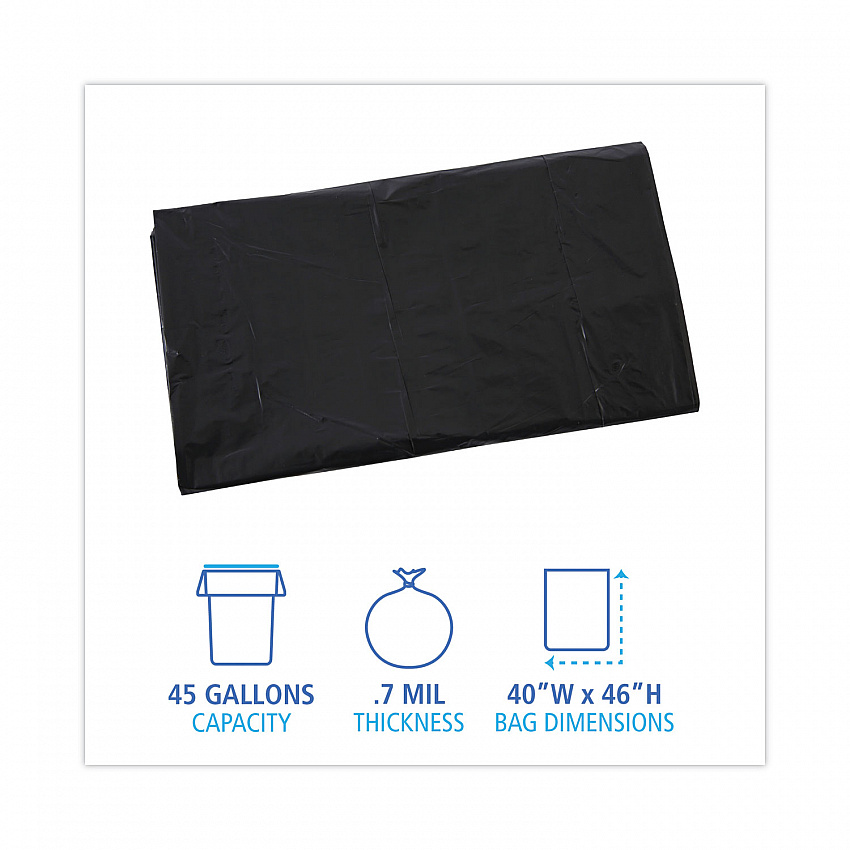 Linear Low Density Industrial Can Liners, 45 gal, 0.7 mil, 40" x 46", Black, Flat Pack, 100/Carton (L4046H)