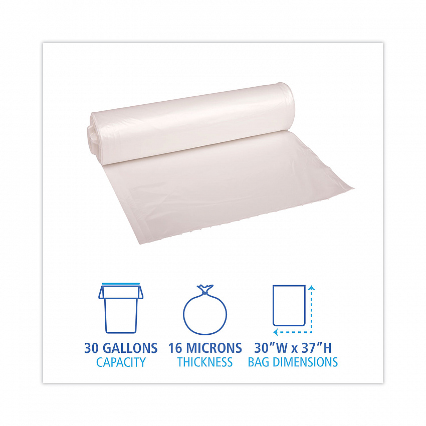 High Density Industrial Can Liners Coreless Rolls, 30 gal, 16 mic, 30" x 37", Natural, Perforated, 25 Bags/Roll, 20 Rolls/CT (RH3037S)