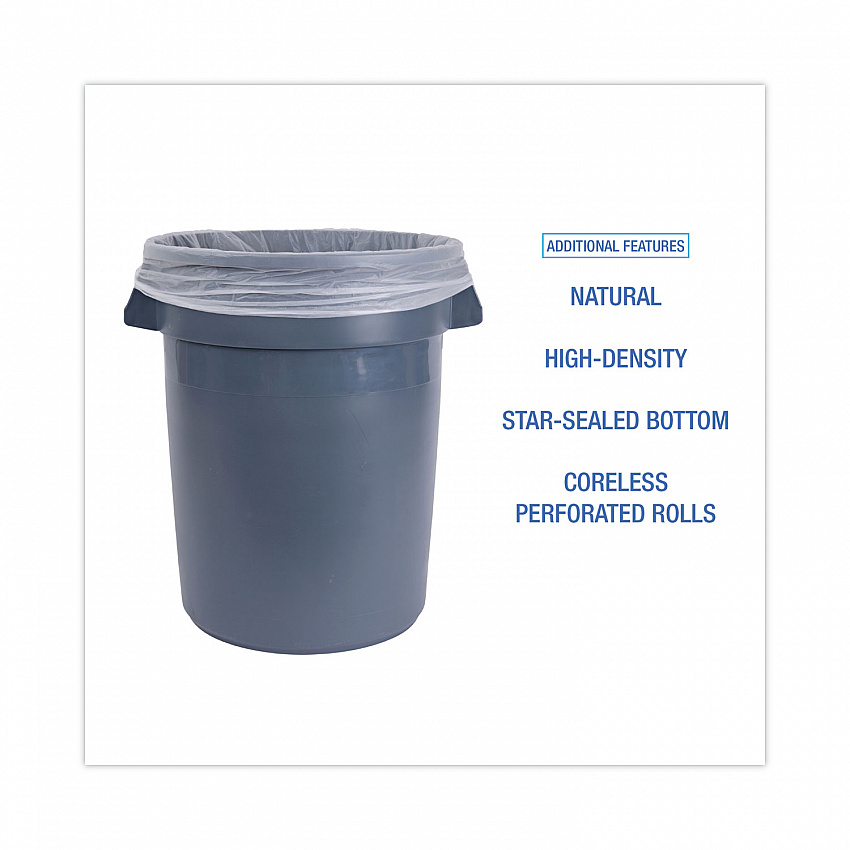 High Density Industrial Can Liners Coreless Rolls, 30 gal, 16 mic, 30" x 37", Natural, Perforated, 25 Bags/Roll, 20 Rolls/CT (RH3037S)