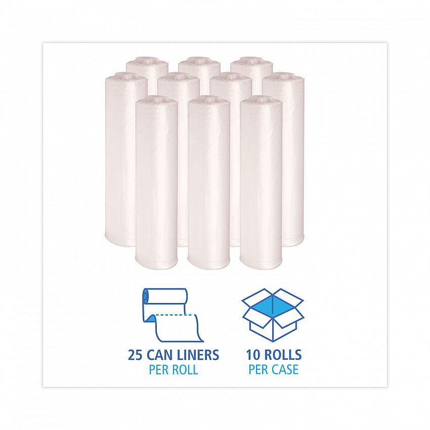 High Density Industrial Can Liners Coreless Rolls, 33 gal, 16 mic, 33" x 40", Natural, Perforated, 25 Bags/Roll, 10 Rolls/CT (RH3340S)