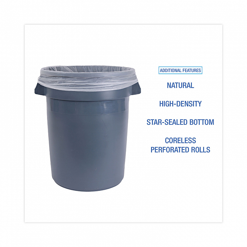 High Density Industrial Can Liners Coreless Rolls, 33 gal, 16 mic, 33" x 40", Natural, Perforated, 25 Bags/Roll, 10 Rolls/CT (RH3340S)