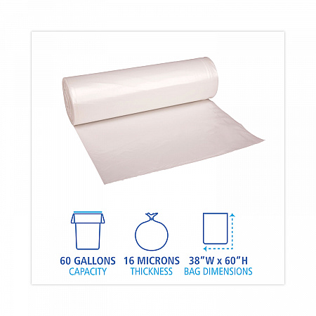 High Density Industrial Can Liners Coreless Rolls, 60 gal, 16 mic, 38