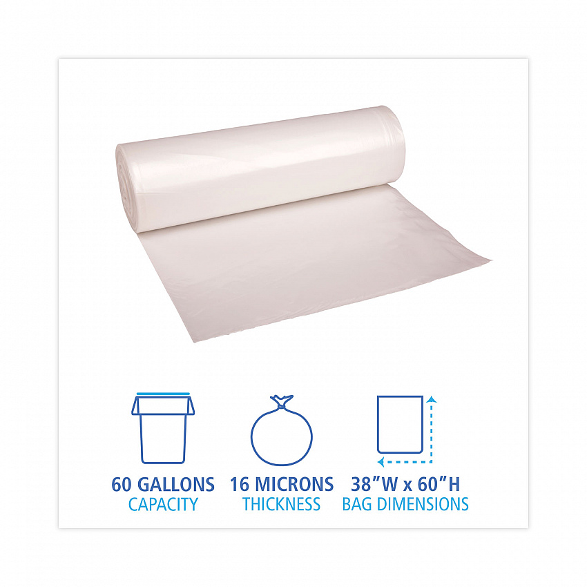 High Density Industrial Can Liners Coreless Rolls, 60 gal, 16 mic, 38" x 60", Natural, Perforated, 25 Bags/Roll, 8 Rolls/CT (RH3860S)