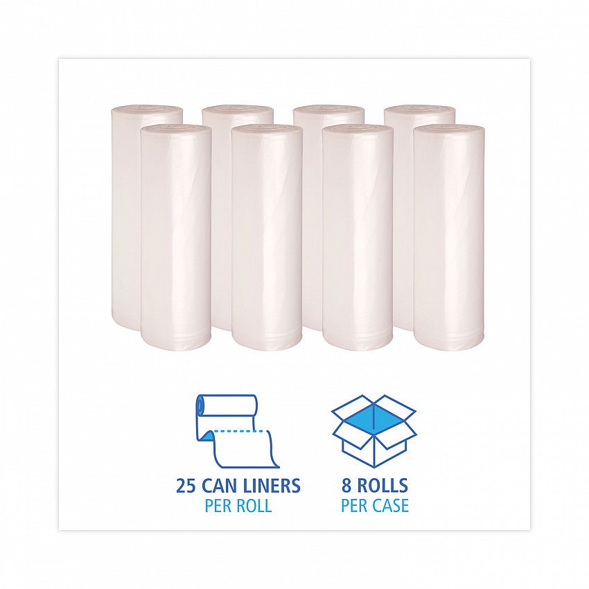 High Density Industrial Can Liners Coreless Rolls, 60 gal, 16 mic, 38" x 60", Natural, Perforated, 25 Bags/Roll, 8 Rolls/CT (RH3860S)