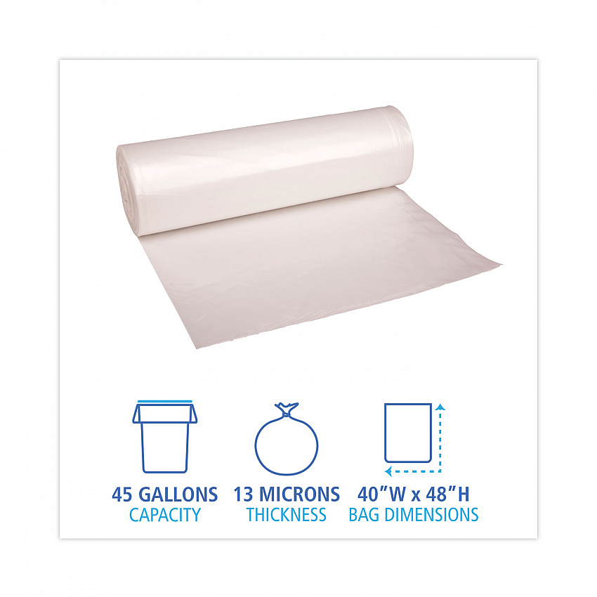 High Density Industrial Can Liners Coreless Rolls, 45 gal, 13 mic, 40" x 48", Natural, Perforated, 25 Bags/Roll, 10 Rolls/CT (RH4048H)