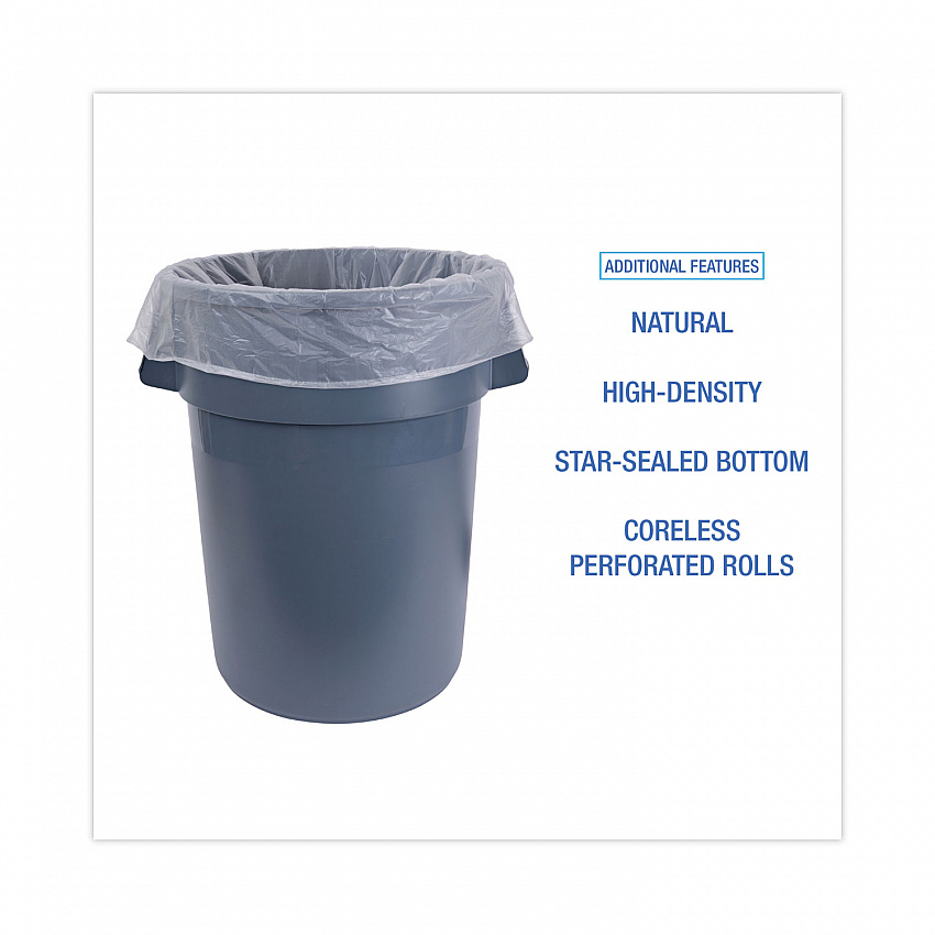 High Density Industrial Can Liners Coreless Rolls, 45 gal, 13 mic, 40" x 48", Natural, Perforated, 25 Bags/Roll, 10 Rolls/CT (RH4048H)