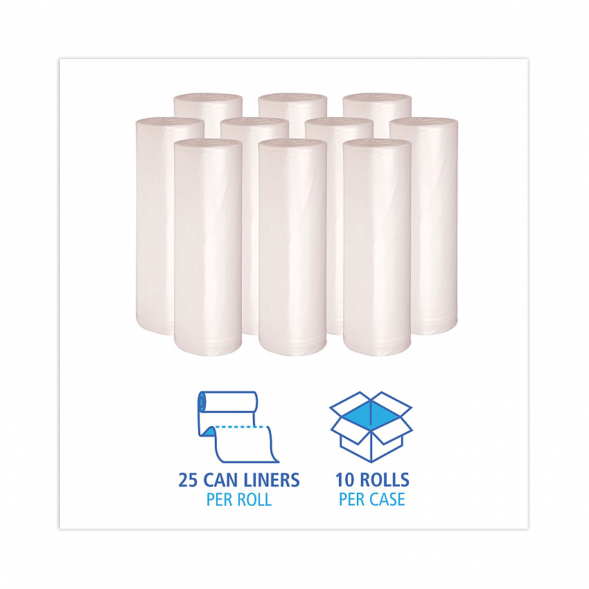 High Density Industrial Can Liners Coreless Rolls, 45 gal, 16 mic, 40" x 48", Natural, Perforated, 25 Bags/Roll, 10 Rolls/CT (RH4048S)