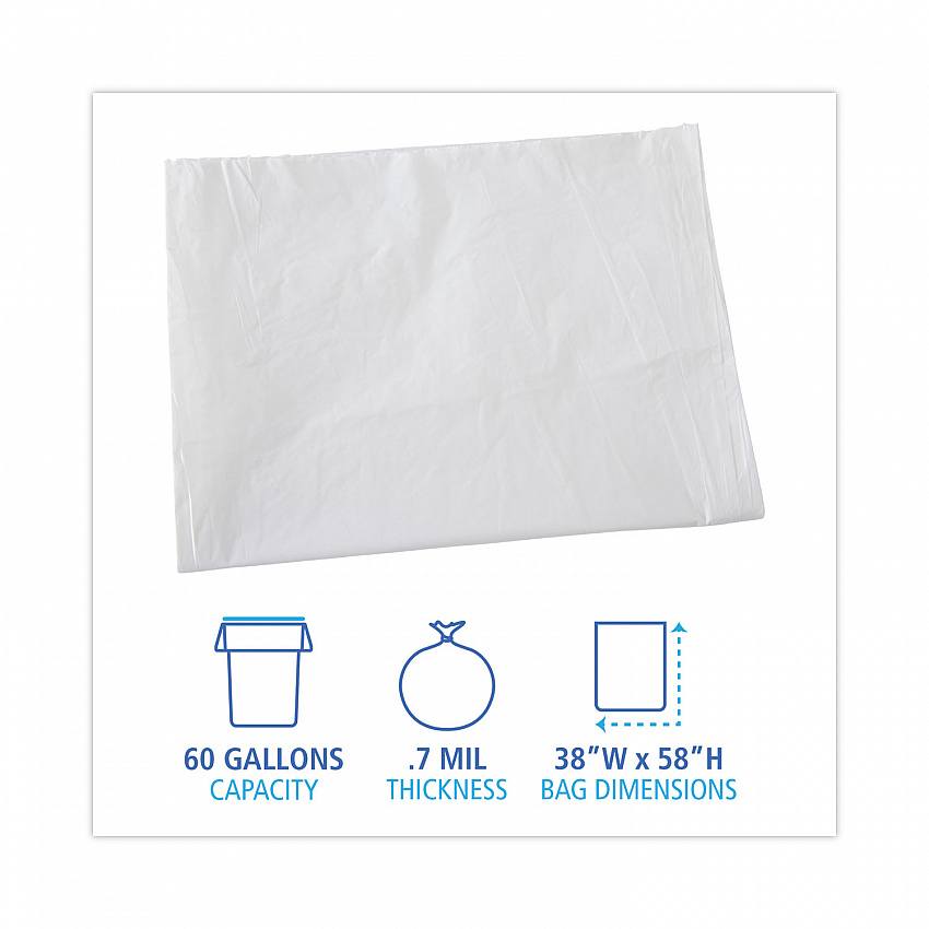 Linear Low Density Industrial Can Liners, 60 gal, 0.7 mil, 38" x 58", White, Flat Pack, 100/Carton (VW3858X)