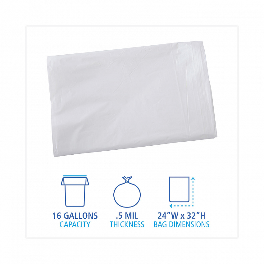 Linear Low Density Industrial Can Liners, 16 gal, 0.5 mil, 24" x 32", White, Flat Pack, 500/Carton (W2432X)