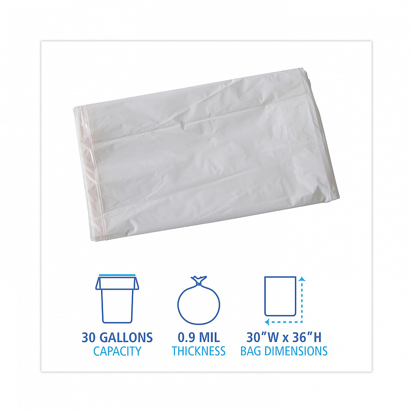 Linear Low Density Industrial Can Liners, 30 gal, 0.9 mil, 30" x 36", White, Flat Pack, 100/Carton (W3036X)