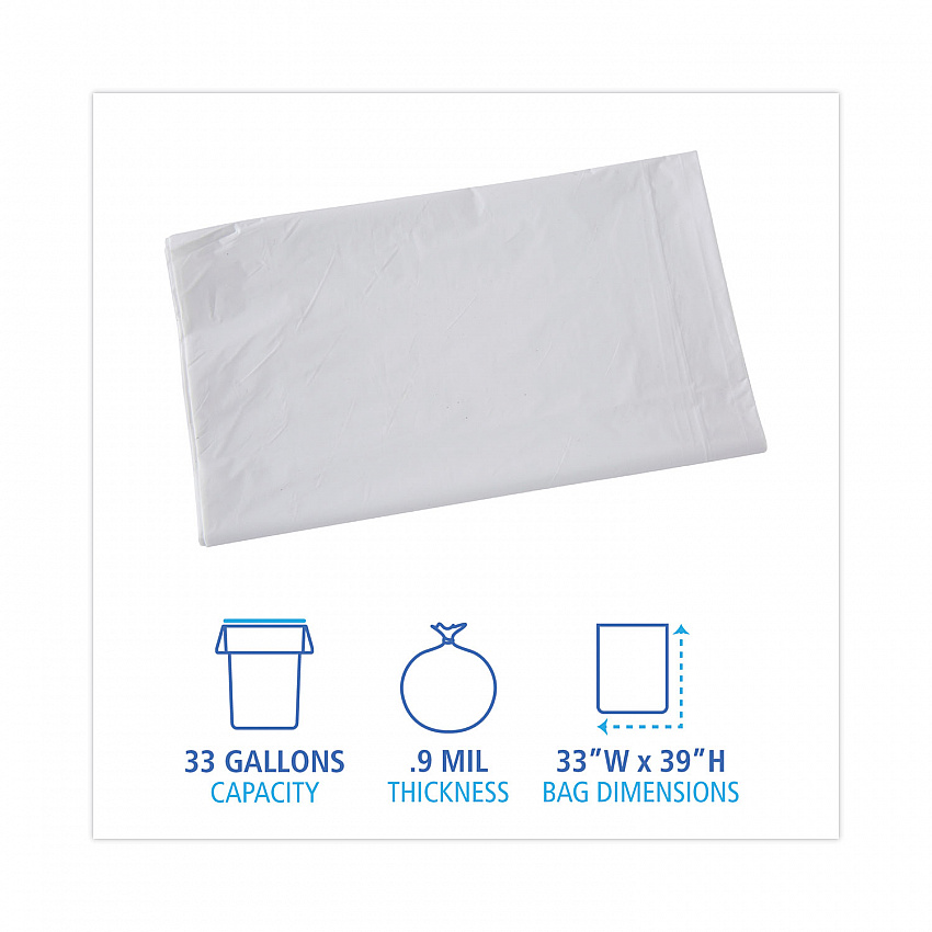 Linear Low Density Industrial Can Liners, 33 gal, 0.9 mil, 33" x 39", White, Flat Pack, 100/Carton (W3339X)