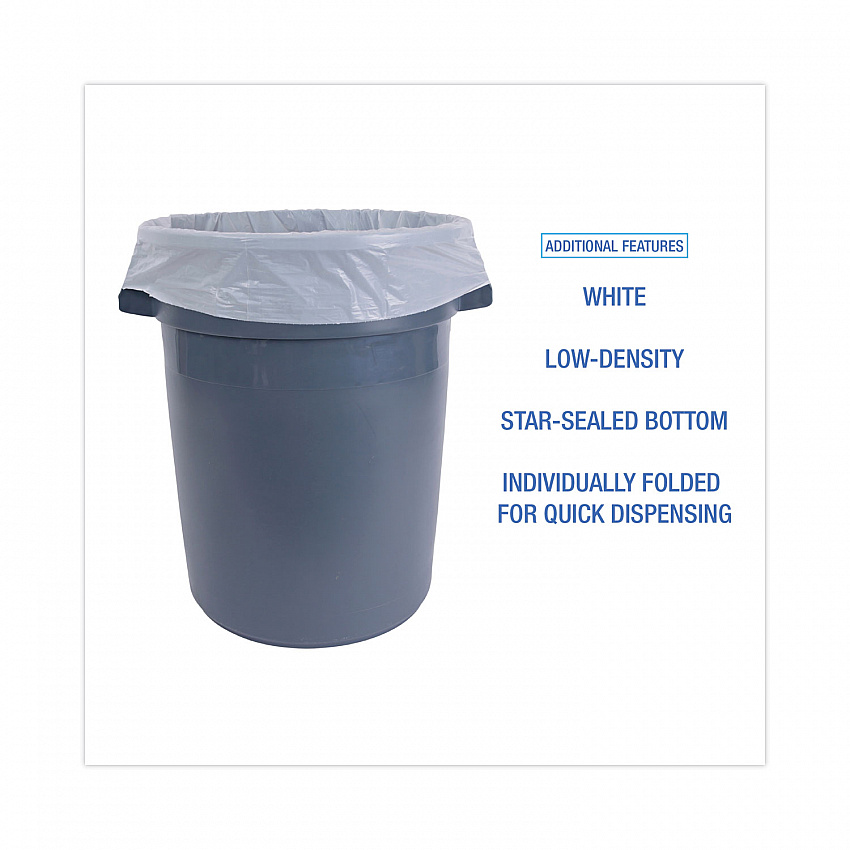 Linear Low Density Industrial Can Liners, 33 gal, 0.9 mil, 33" x 39", White, Flat Pack, 100/Carton (W3339X)