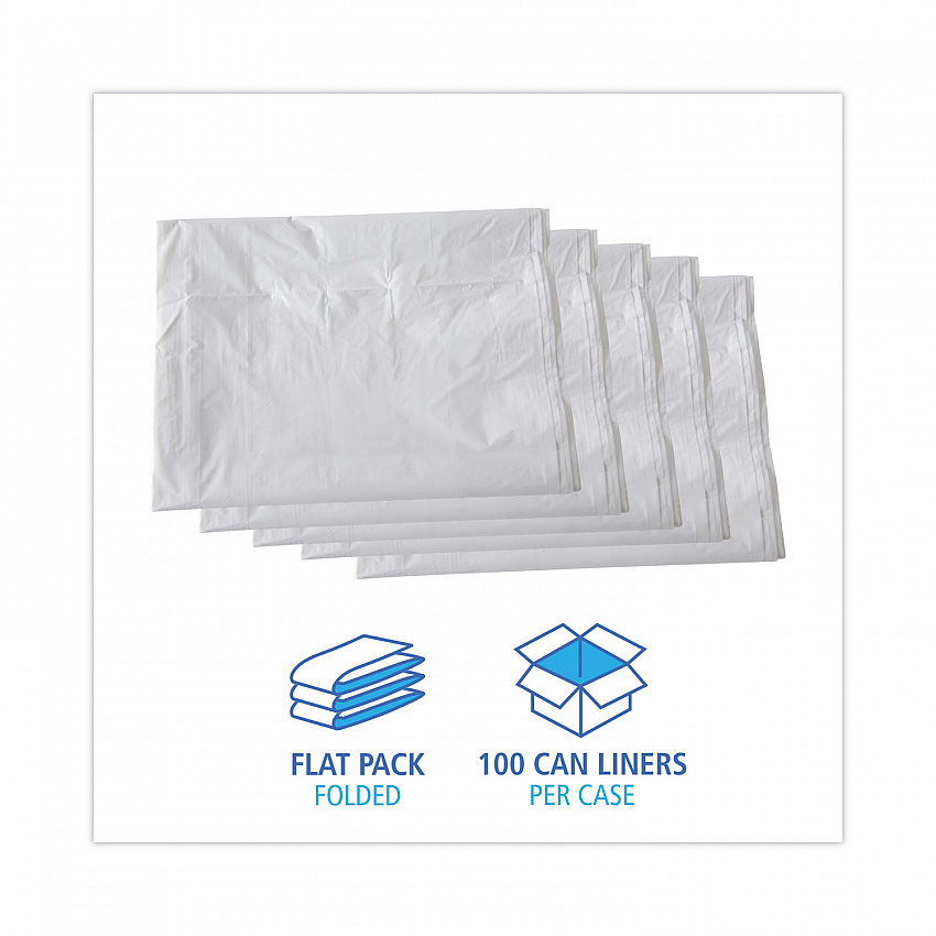 Linear Low Density Industrial Can Liners, 60 gal, 0.9 mil, 38" x 58", White, Flat Pack, 100/Carton (W3858X)