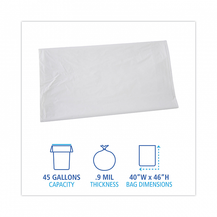 Linear Low Density Industrial Can Liners, 45 gal, 0.9 mil, 40" x 46", White, Flat Pack, 100/Carton (W4046X)