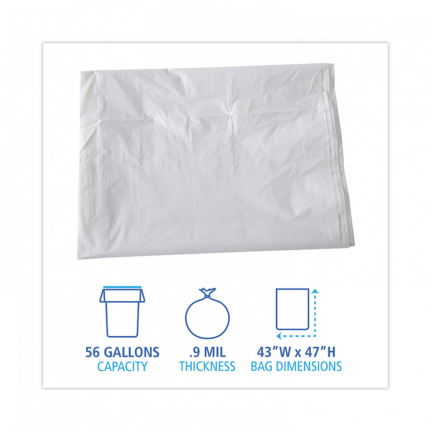 Linear Low Density Industrial Can Liners, 56 gal, 0.9 mil, 43" x 47", White, Flat Pack, 100/Carton (W4347X)
