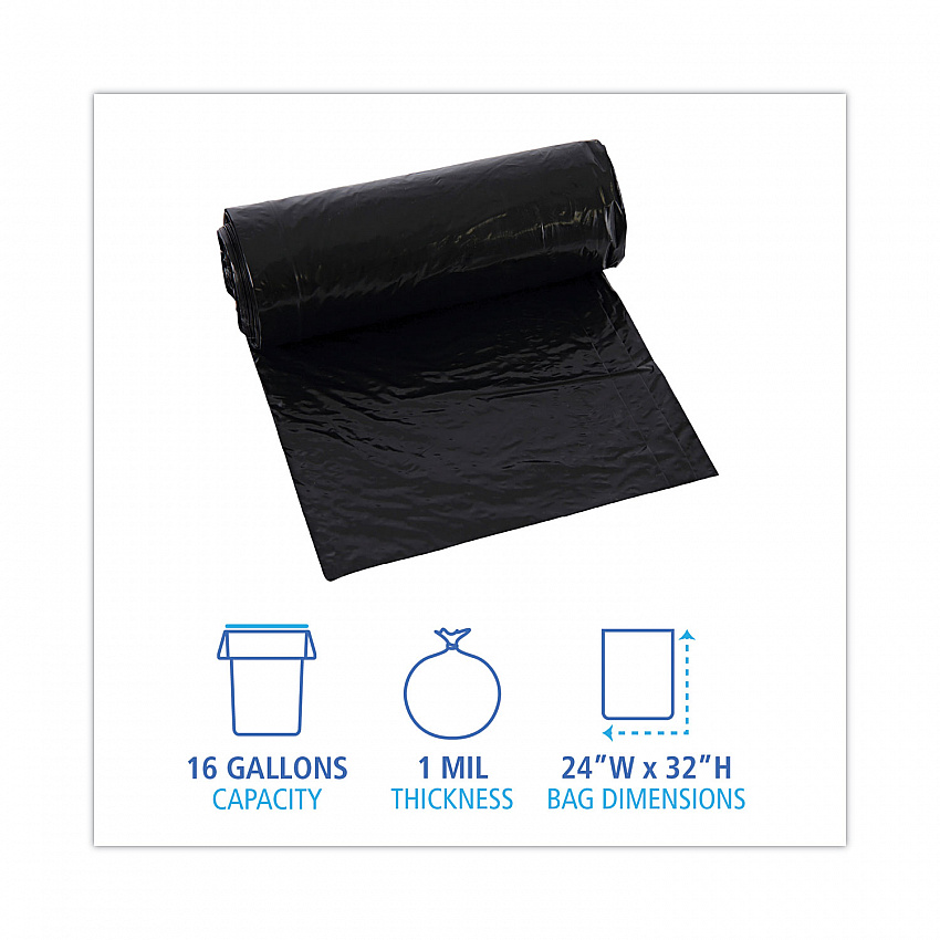 Low-Density Waste Can Liners, 16 gal, 1 mil, 24" x 32", Black, Perforated Roll, 10 Bags/Roll, 15 Rolls/Carton (510)