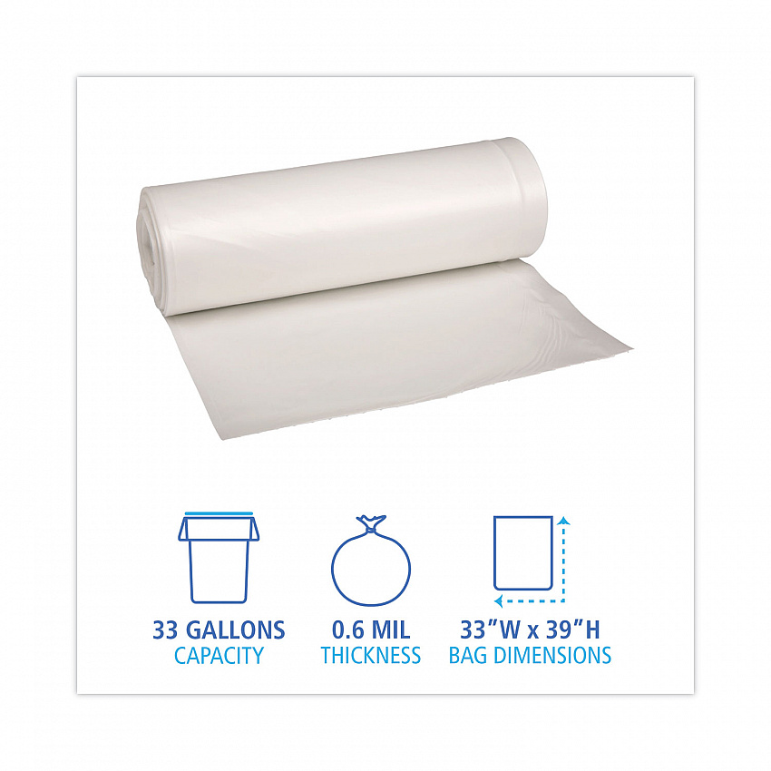 Low-Density Waste Can Liners, 33 gal, 0.6 mil, 33" x 39", White, Perforated Roll, 25 Bags/Roll, 6 Rolls/Carton (512)