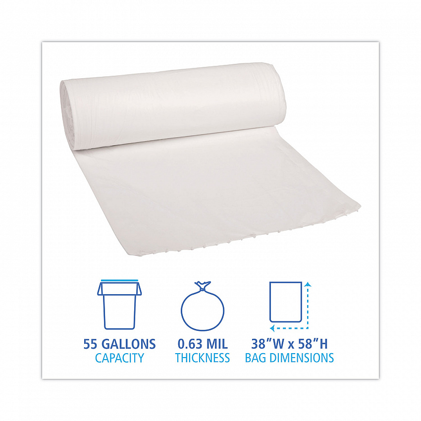 Low-Density Waste Can Liners, 60 gal, 0.5 mil, 38" x 58", White, Perforated Roll, 10 Bags/Roll, 10 Rolls/Carton (515)