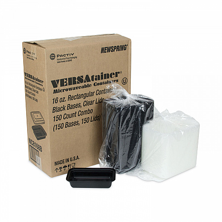 Newspring VERSAtainer Microwavable Containers, 16 oz, 7.4 x 5 x 2.2, Black/Clear, Plastic, 150/Carton (NC8168B)