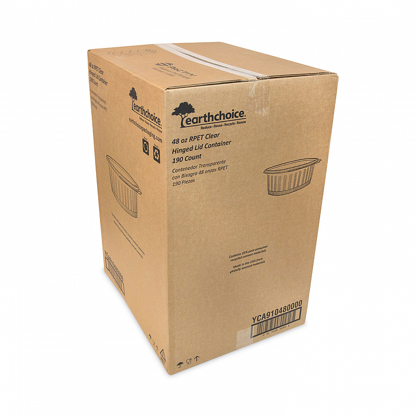 EarthChoice Recycled PET Hinged Container, 48 oz, 8.87 x 7.25 x 2.93, Clear, Plastic, 190/Carton (YCA910480000)