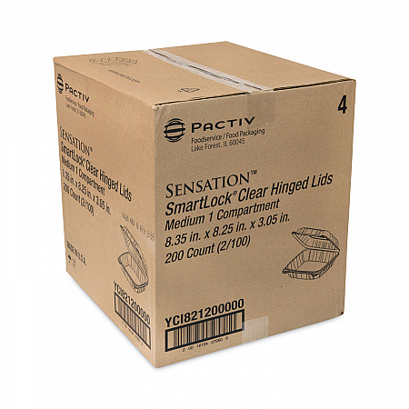 SENSATION SmartLock Hinged Lid Container, 8.5 x 8.34 x 3., Clear, Plastic, 200/Carton (YCI821200000)