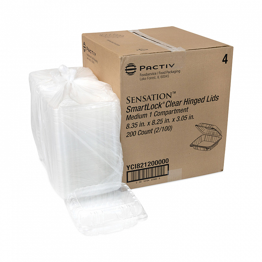 SENSATION SmartLock Hinged Lid Container, 8.5 x 8.34 x 3., Clear, Plastic, 200/Carton (YCI821200000)