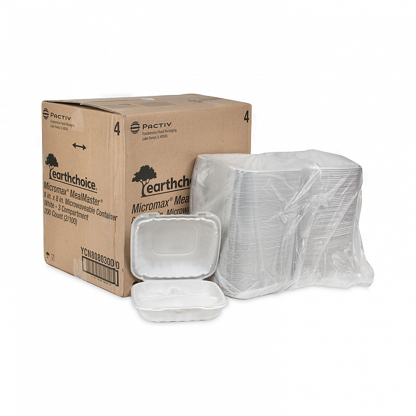 EarthChoice SmartLock Microwavable MFPP Hinged Lid Container, 3 Compartments, 8.35 x 8.35 x 3.1, White, Plastic, 200/Carton (YCN808030000)