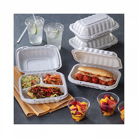 EarthChoice SmartLock Microwavable MFPP Hinged Lid Container, 3 Compartments, 8.35 x 8.35 x 3.1, White, Plastic, 200/Carton (YCN808030000)
