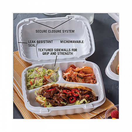 EarthChoice SmartLock Microwavable MFPP Hinged Lid Container, 3 Compartments, 8.35 x 8.35 x 3.1, White, Plastic, 200/Carton (YCN808030000)