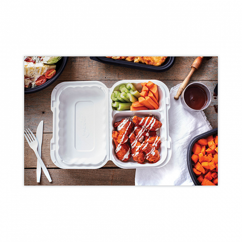 EarthChoice SmartLock Microwavable MFPP Hinged Lid Container, 2 Compartments, 9 x 6 x 3, White, Plastic, 270/Carton (YCN809620000)
