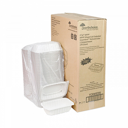 EarthChoice Vented Microwavable MFPP Hinged Lid Container, 9 x 6 x 3.1, White, Plastic, 170/Carton (YCNW0205)