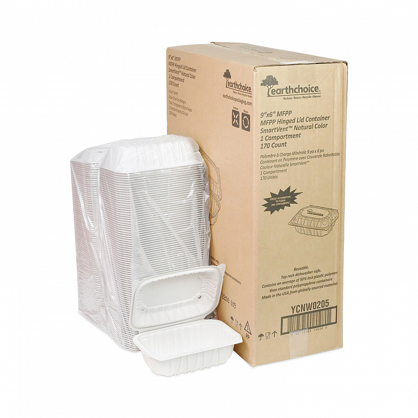 EarthChoice Vented Microwavable MFPP Hinged Lid Container, 9 x 6 x 3.1, White, Plastic, 170/Carton (YCNW0205)